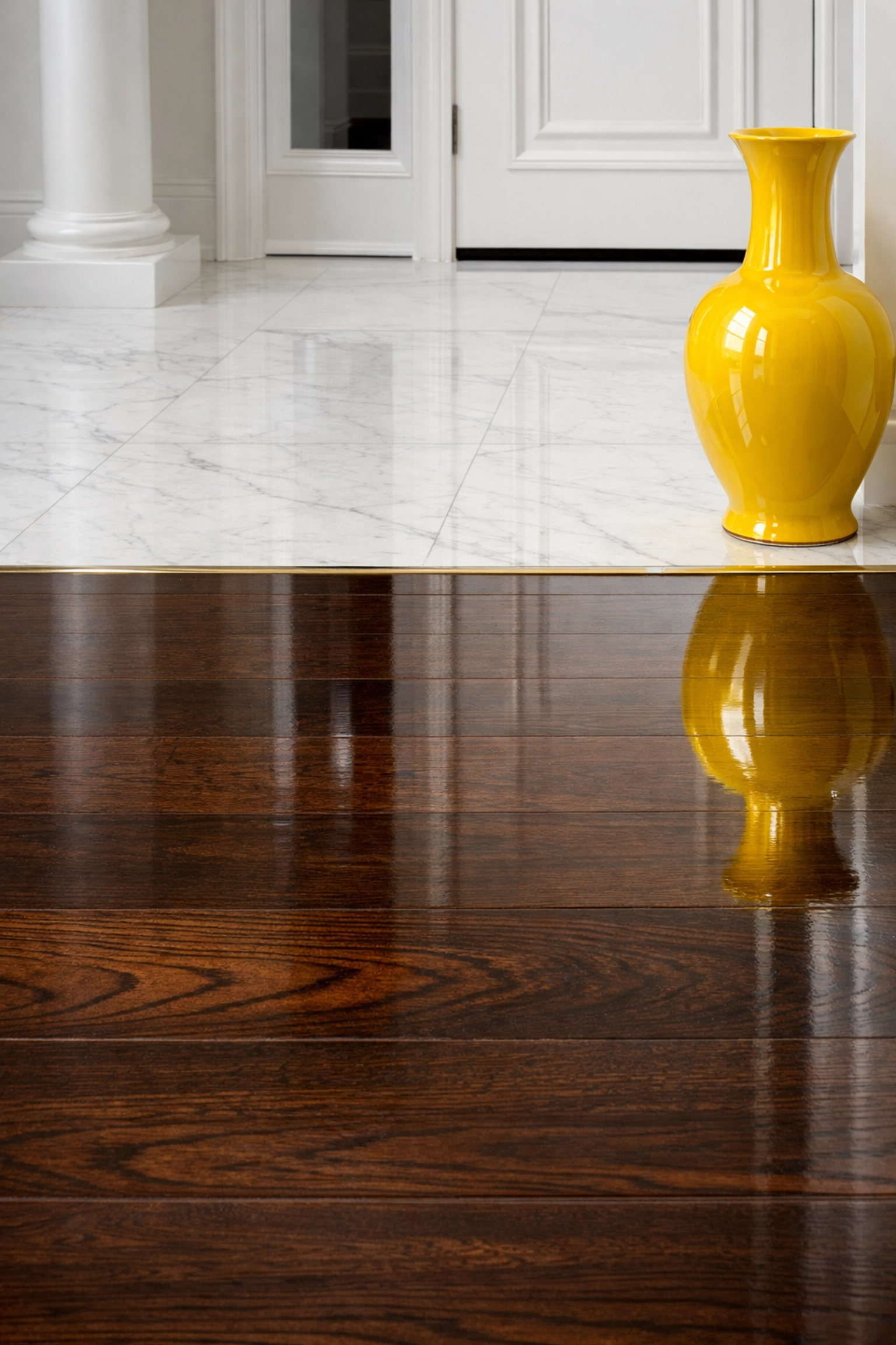 Immaculate office cleaning Worcester entryway featuring polished hardwood and white marble floors.