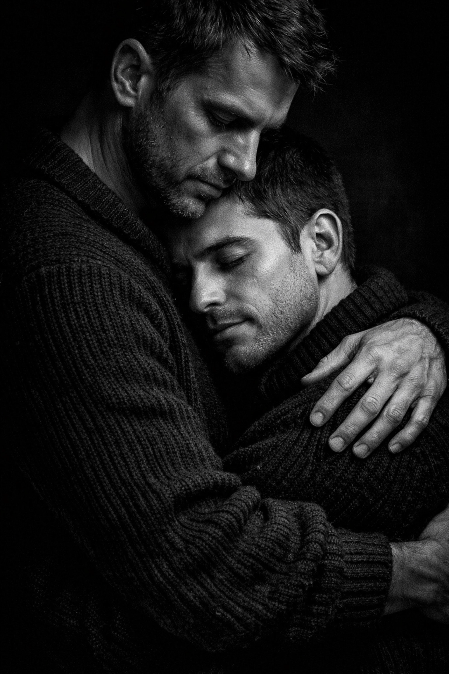 Two men in a vulnerable, protective embrace illustrating the emotional discovery found in LGBTQ+ fiction.