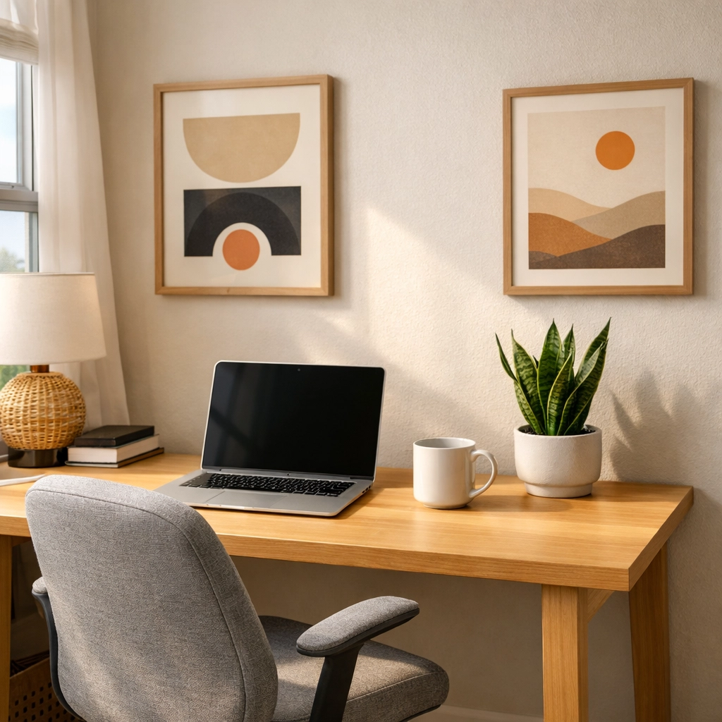 A stylish home office in the second bedroom of a modern 2 bedroom 2 bath mobile home in Crosby, TX.