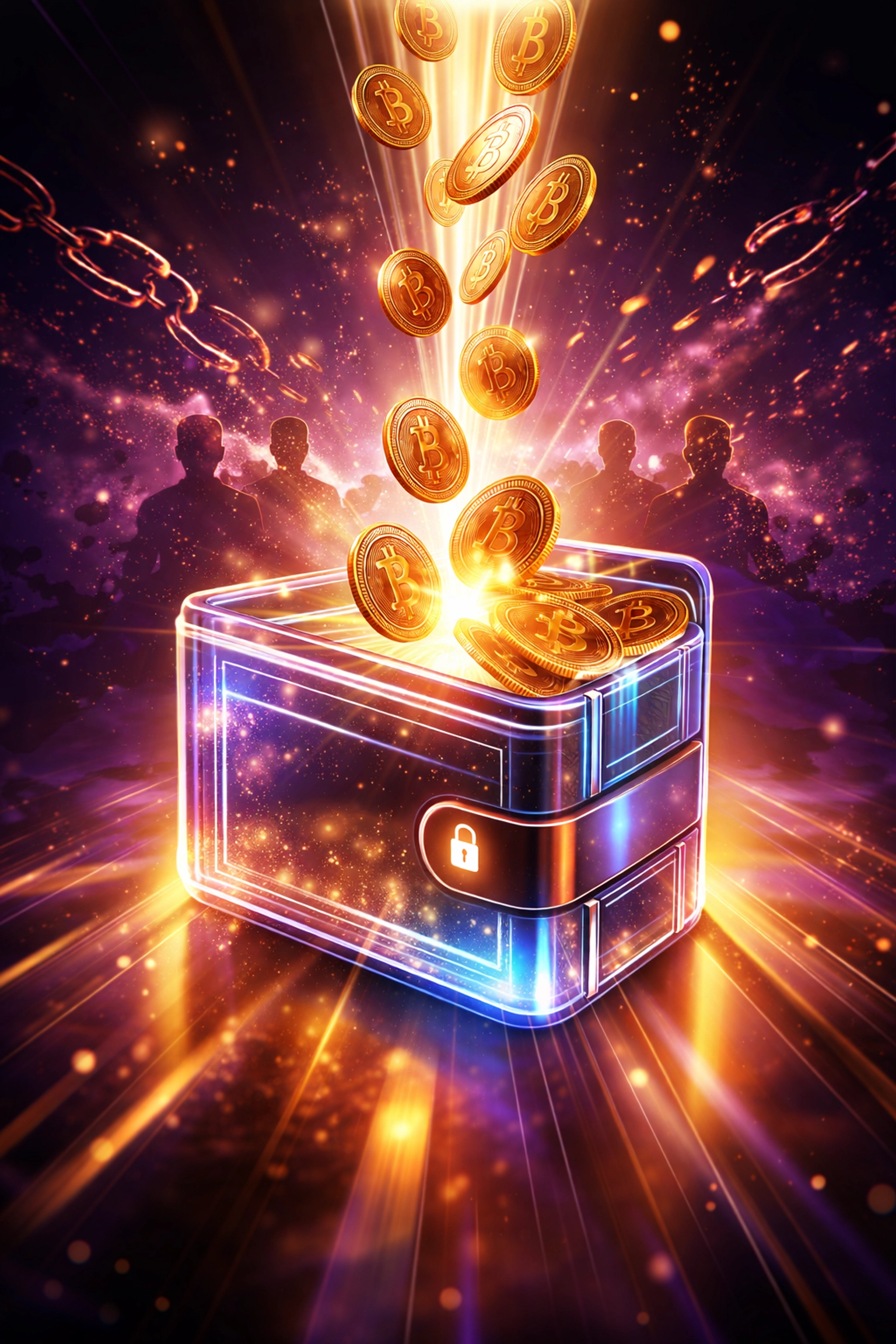 Transparent digital wallet in space with free-flowing coins, symbolizing direct self-custody and financial freedom in Web3 payments.