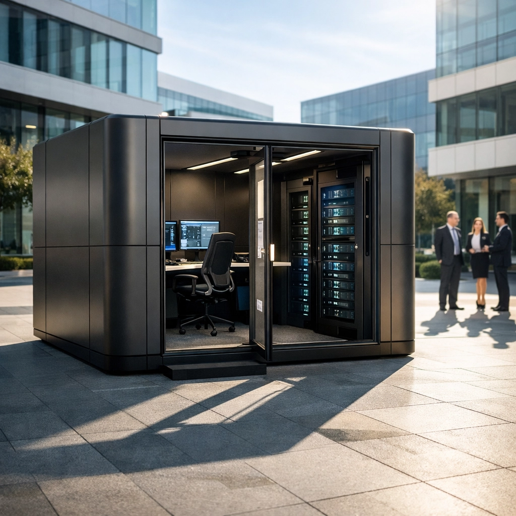 A sleek modular training pod for workforce development deployed in a modern corporate setting.