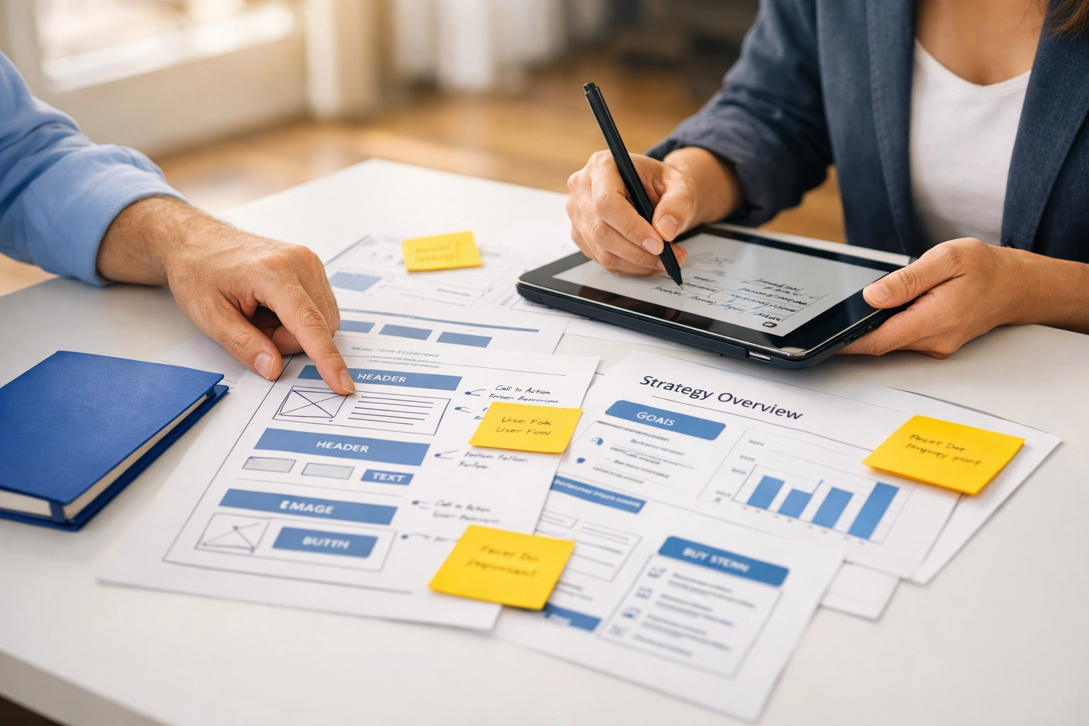 Website consultant collaborating with client on web design strategy and wireframes