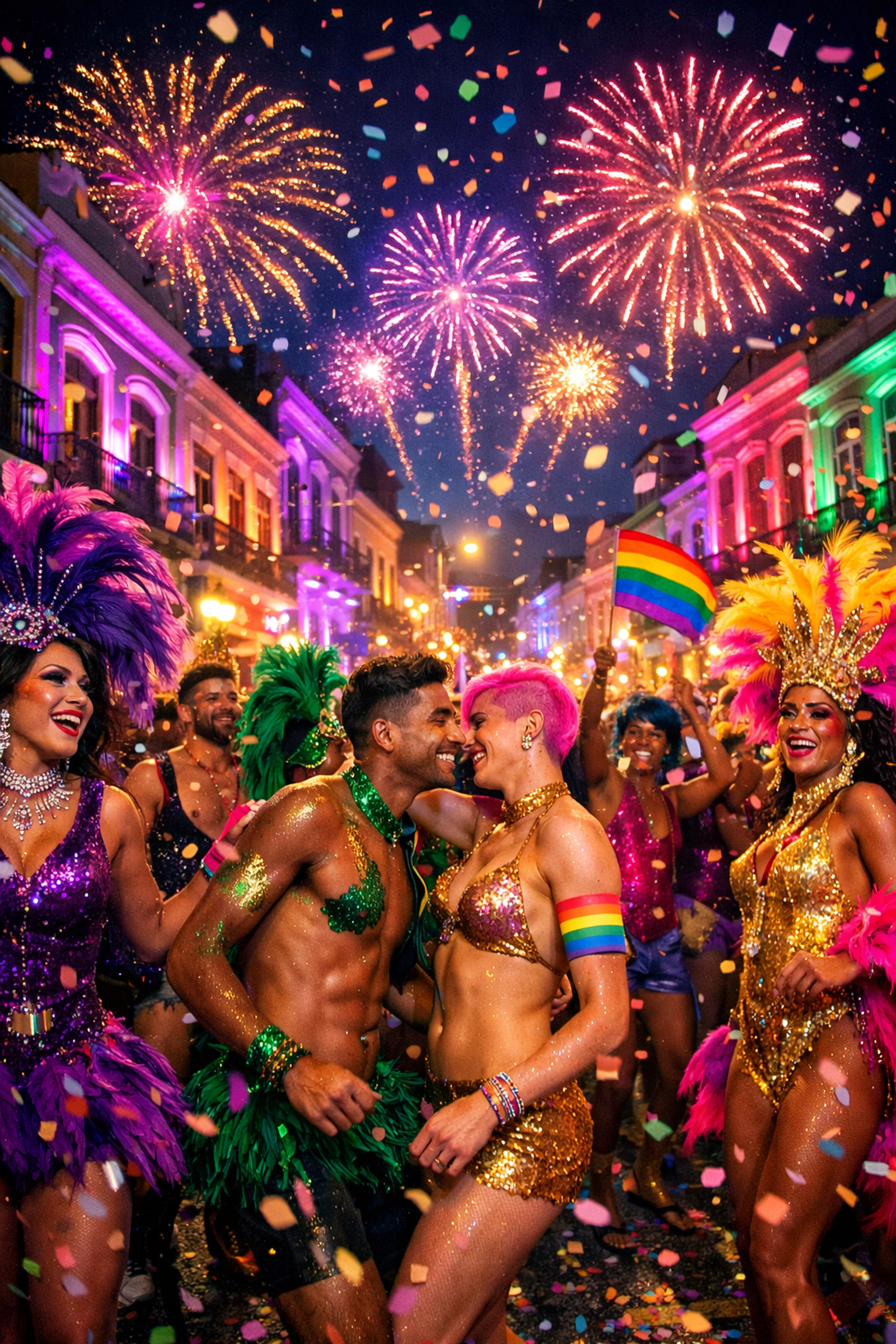 Vibrant Rio Carnival street celebration with colorful costumes and fireworks lighting night sky