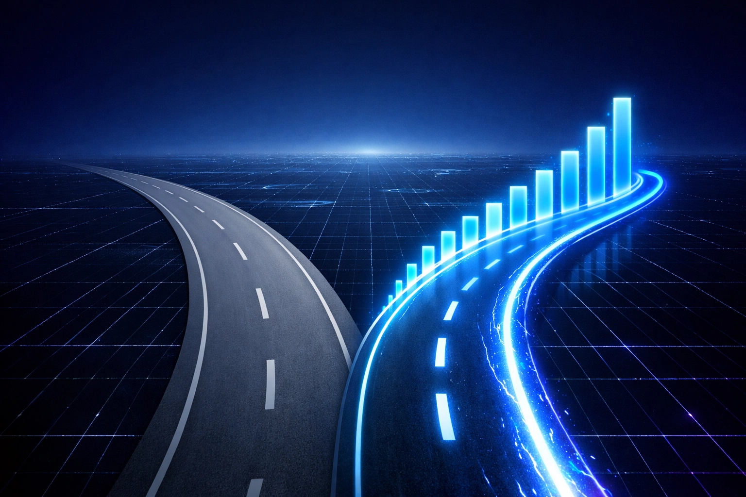 Neon highway forking into two paths illustrating incrementality testing and A/B testing for PPC campaigns.