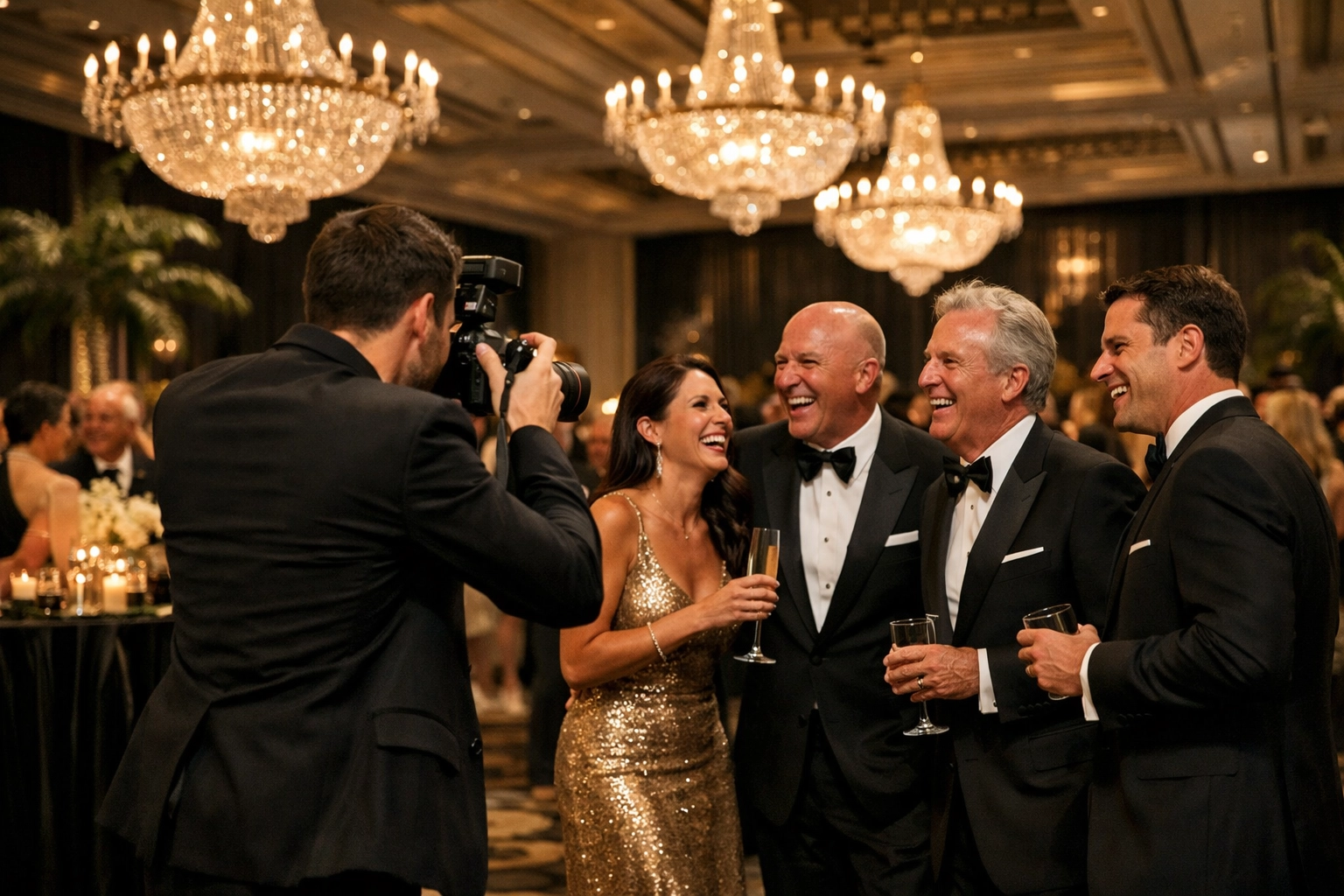 Corporate event photographer miami documenting a black-tie gala in a grand ballroom.