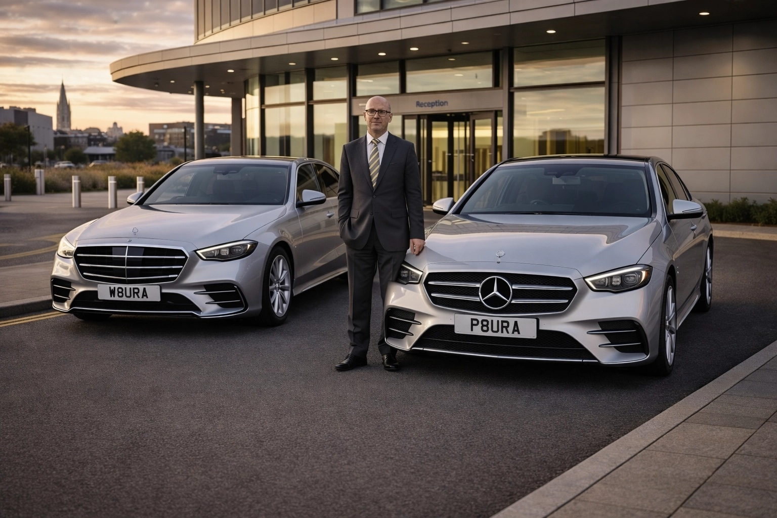 Premium chauffeur vehicles parked outside a Nottingham corporate reception, ready for executive airport transfer or corporate transport.