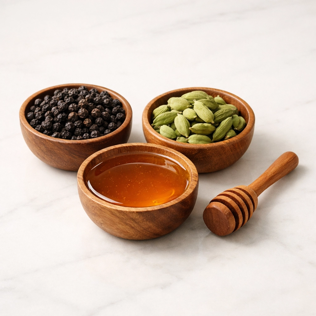 Bowls of premium Tellicherry black pepper, green cardamom pods, and organic forest honey on marble.