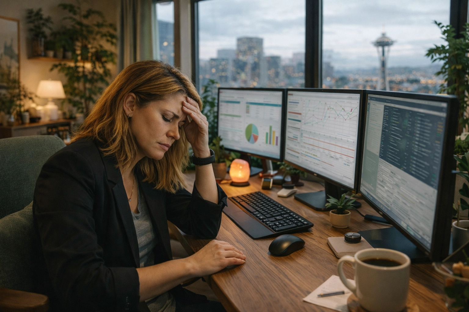 A Seattle tech professional experiencing executive dysfunction at a home office desk, showing brain fog and overwhelm.