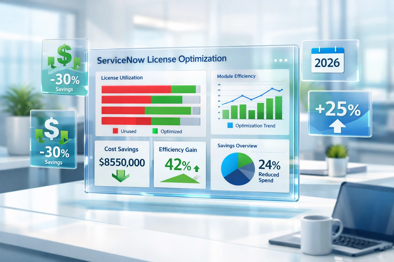 ServiceNow license optimization dashboard displaying cost savings and utilization metrics