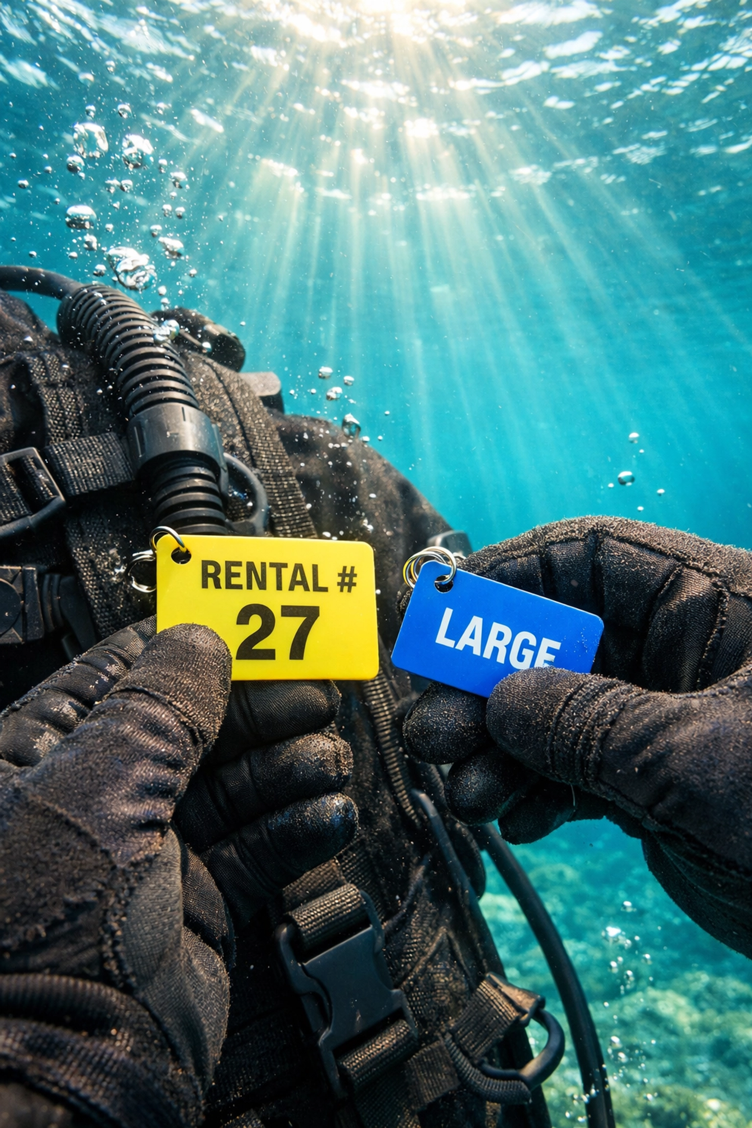 Taucher prüft Leihausrüstung unter Wasser vor dem Tauchgang