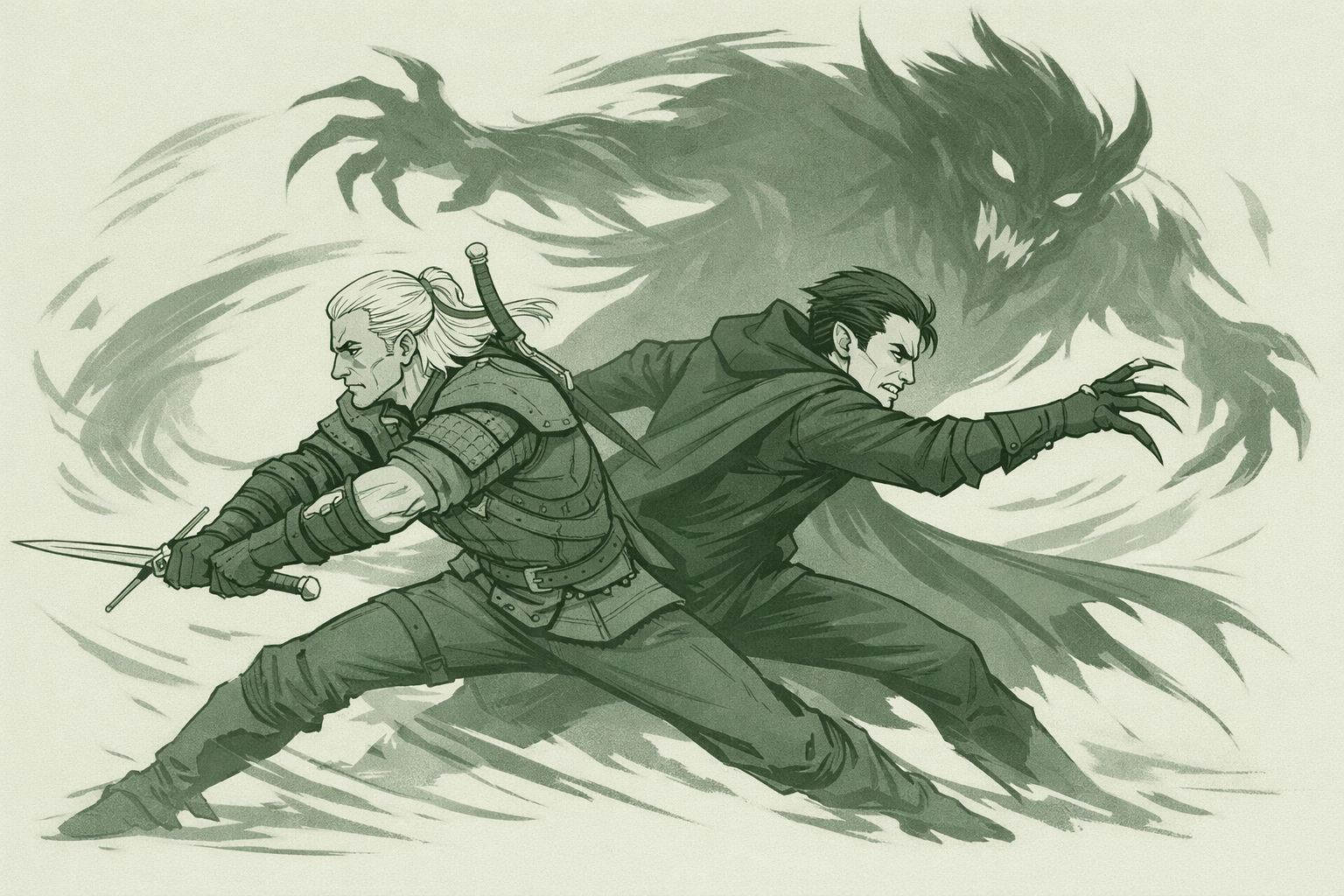 Witcher and vampire fighting together - synchronized combat in MM fantasy adventure romance