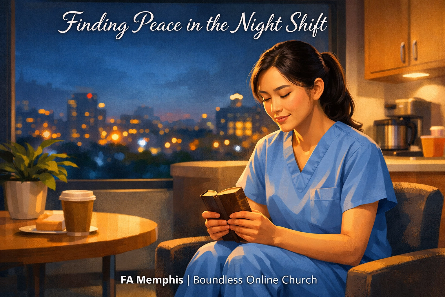 A nurse reading a Bible during a night shift break to maintain her spiritual focus.