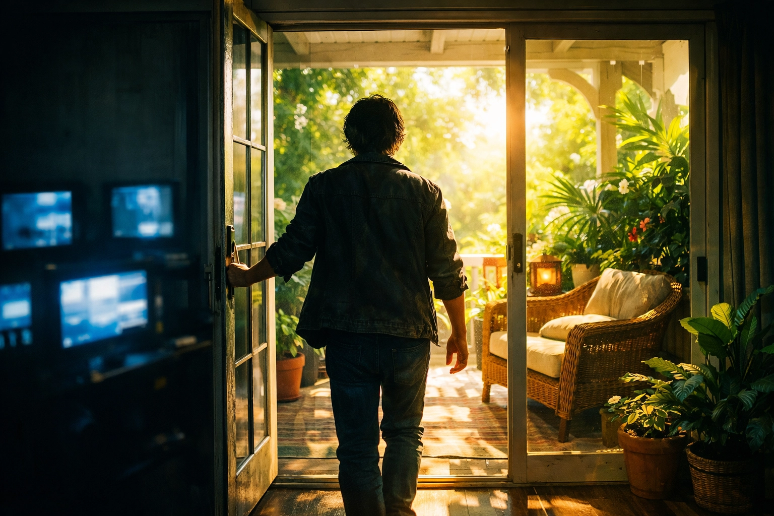 Stepping away from glowing TV screens into a sunlit garden to find peace and mental clarity.