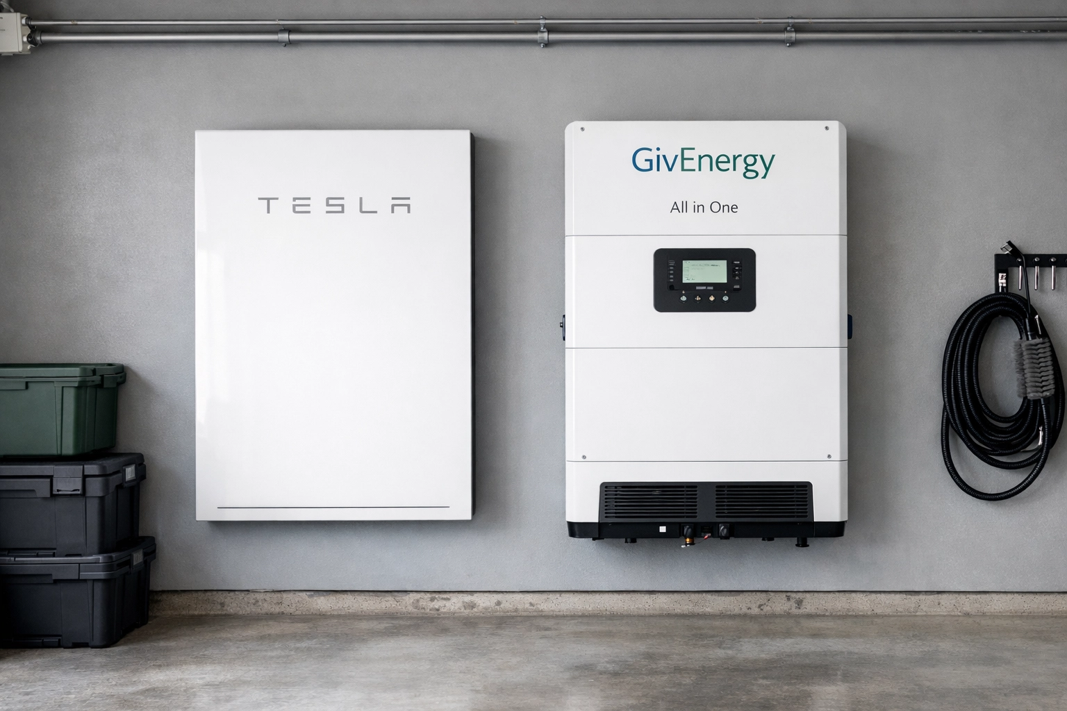 Tesla Powerwall 3 and GivEnergy All-in-One battery storage systems installed in a modern UK garage.