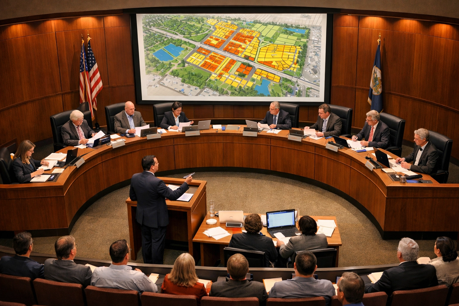 City council meeting reviewing residential rezoning application and site plan