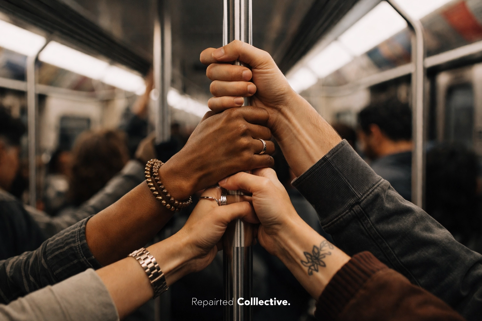 Frustrated hands grip a crowded NYC subway pole, highlighting the hassle of city phone repair commutes.