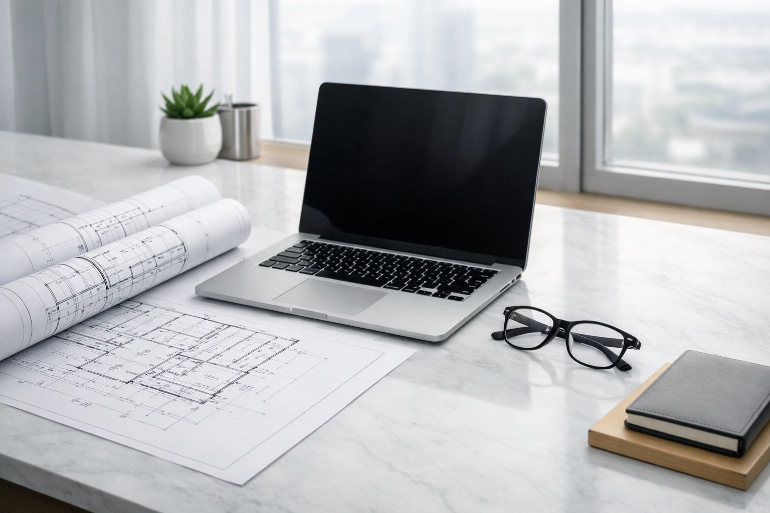 Modern desk with blueprints and professional tools representing strategic preparation for selling a Mississippi business.