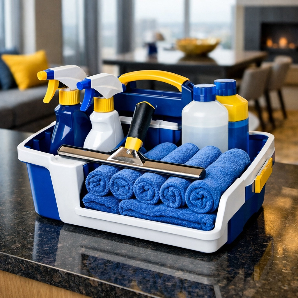 A fully stocked cleaning caddy ready for deep cleaning MA and professional Apartment Cleaning Massachusetts.