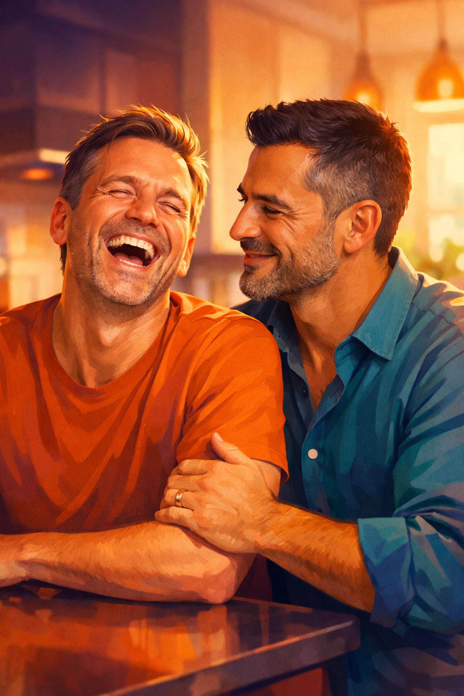 A happy gay couple sharing a joyful moment, representing the heartfelt happy endings in MM romance books for adults.
