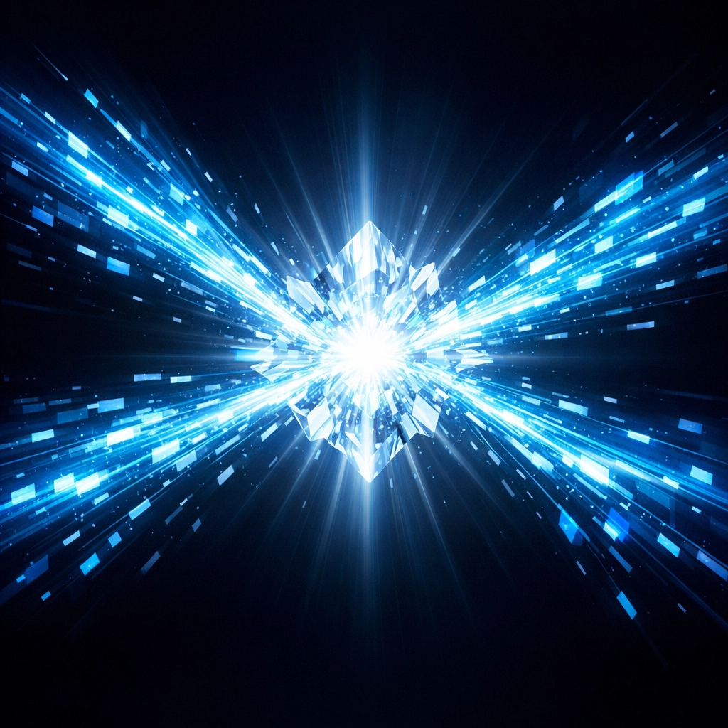 Digital data streams merging into a central core representing a single source of truth for business workflows.