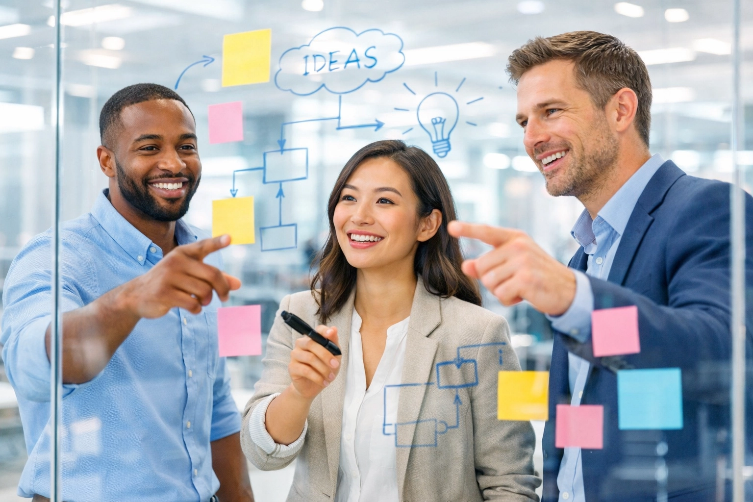 Team members collaborating at a glass brainstorming board to increase transparency and accountability.
