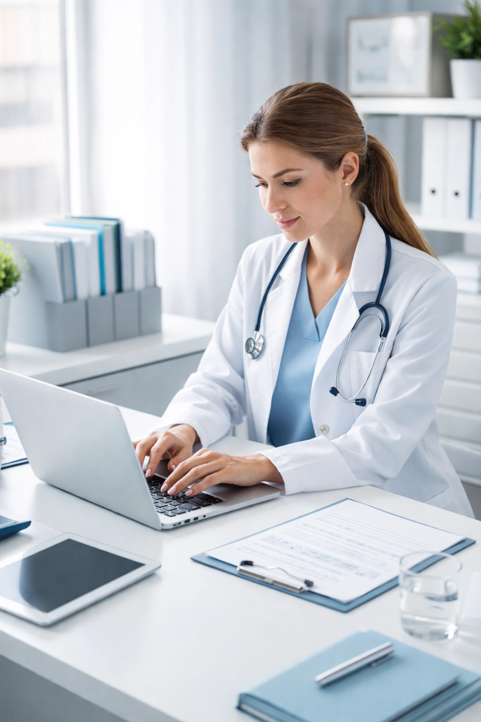 Healthcare clinician completing Medicare documentation at organized desk with patient files and laptop