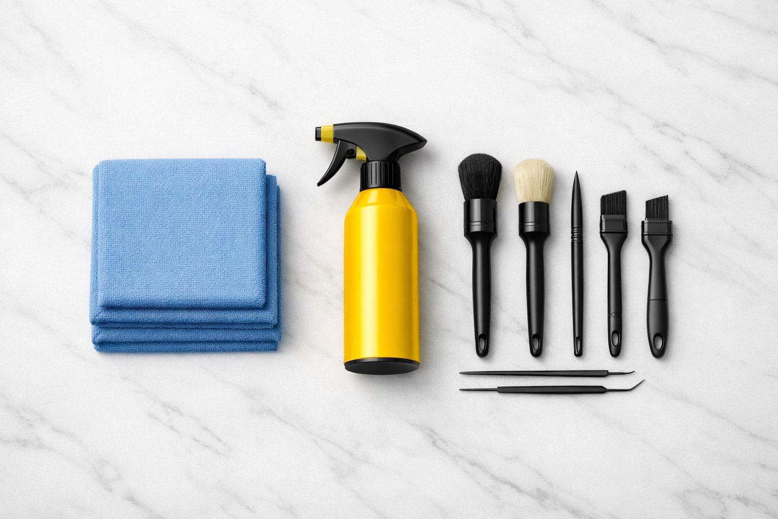 Organized professional cleaning supplies and microfiber cloths ready for a Groton home cleaning service.