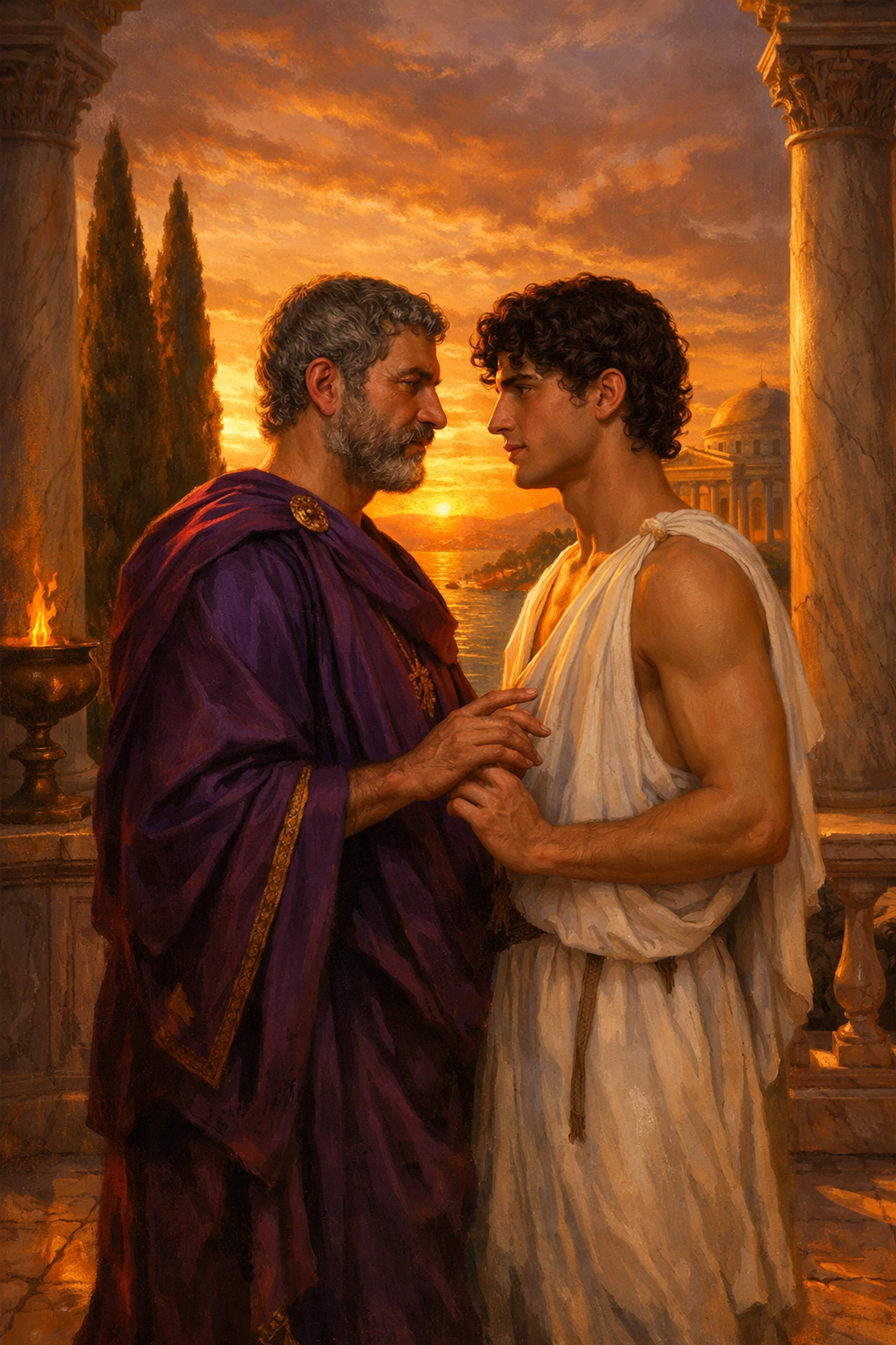 Emperor Hadrian and Antinous in intimate moment on Roman terrace at sunset