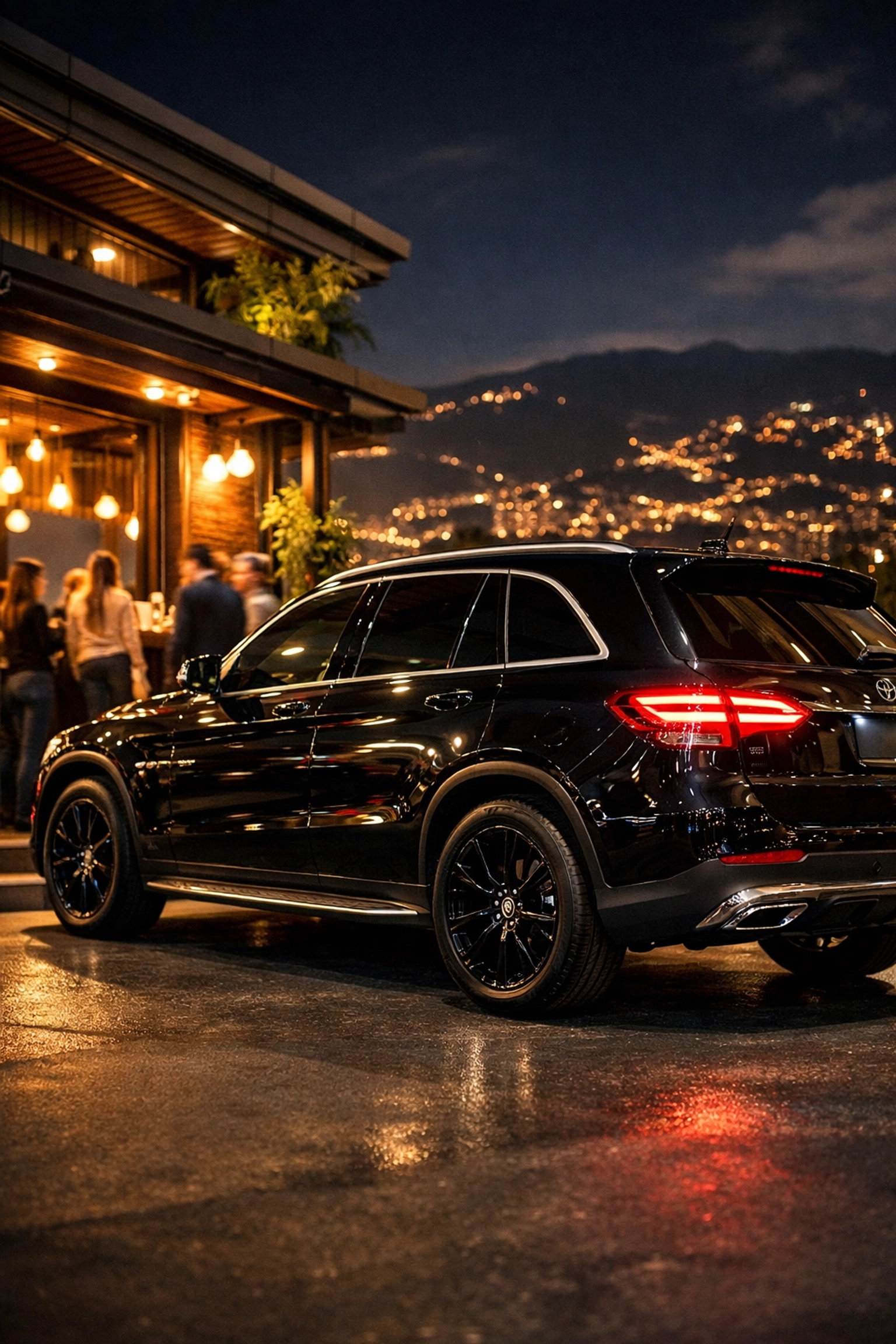VIP security driver SUV parked outside Medellin nightlife venue in El Poblado
