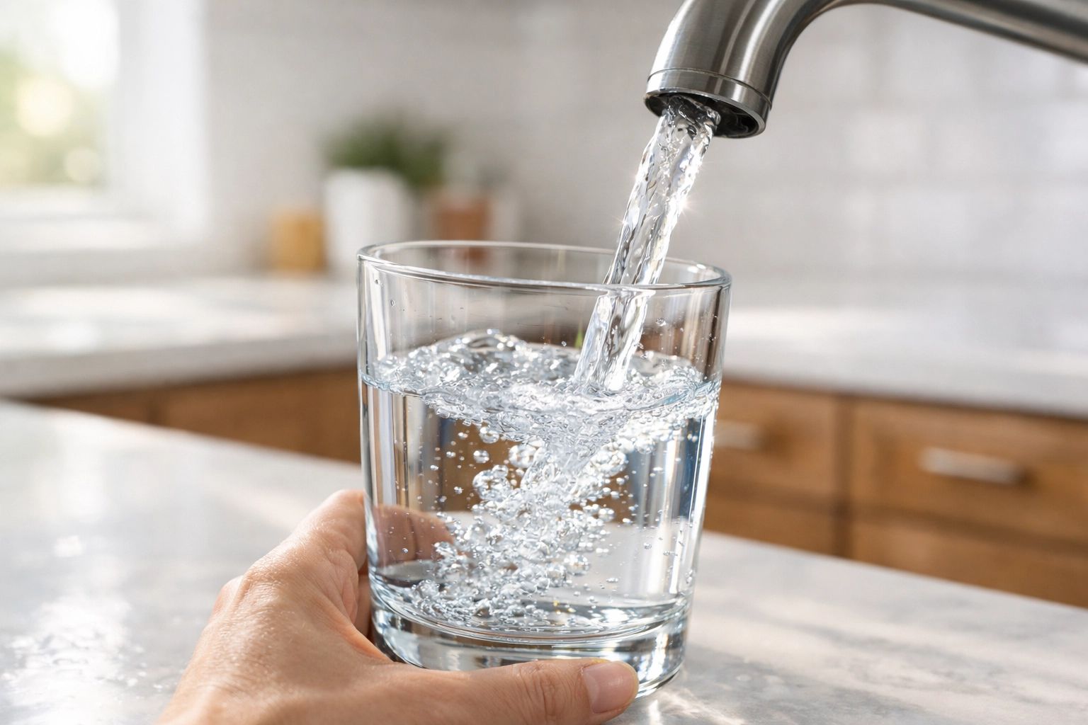 Clear filtered water pouring from kitchen faucet into glass in Denver home