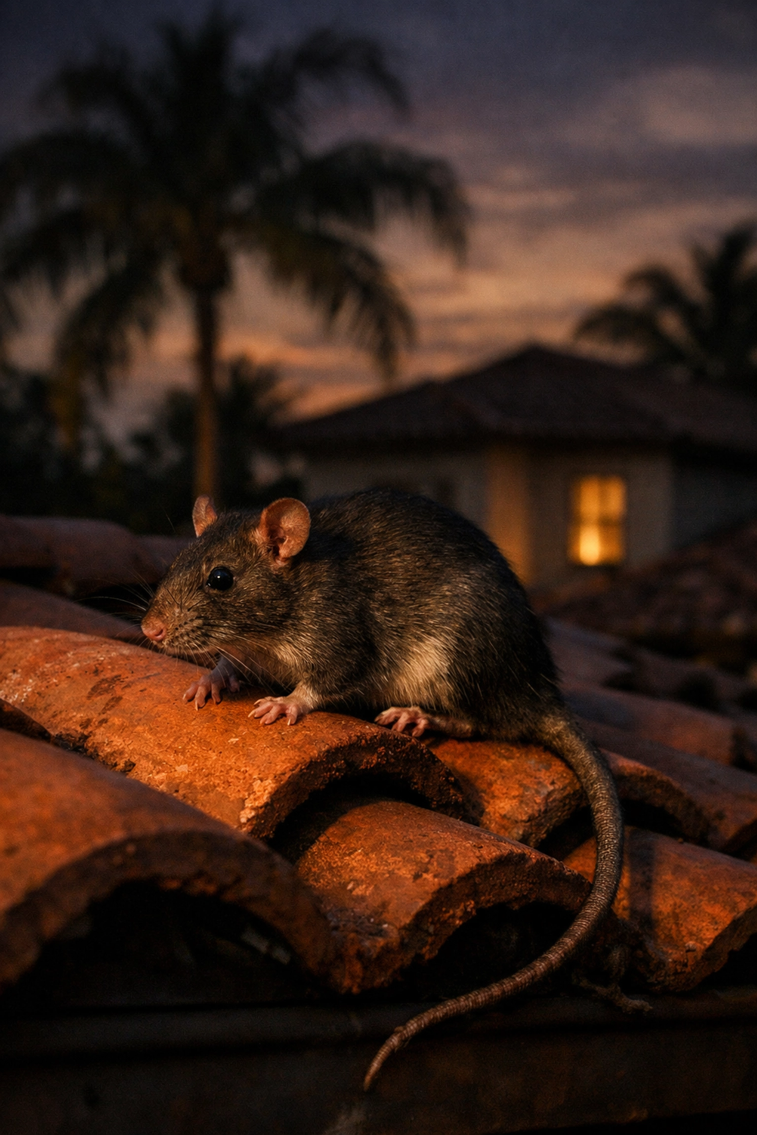 Roof rat on terracotta tile of Naples Florida home showing common rodent pest problem