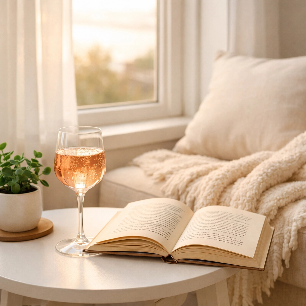 Cozy reading nook with glass of alcohol-free wine and book by window