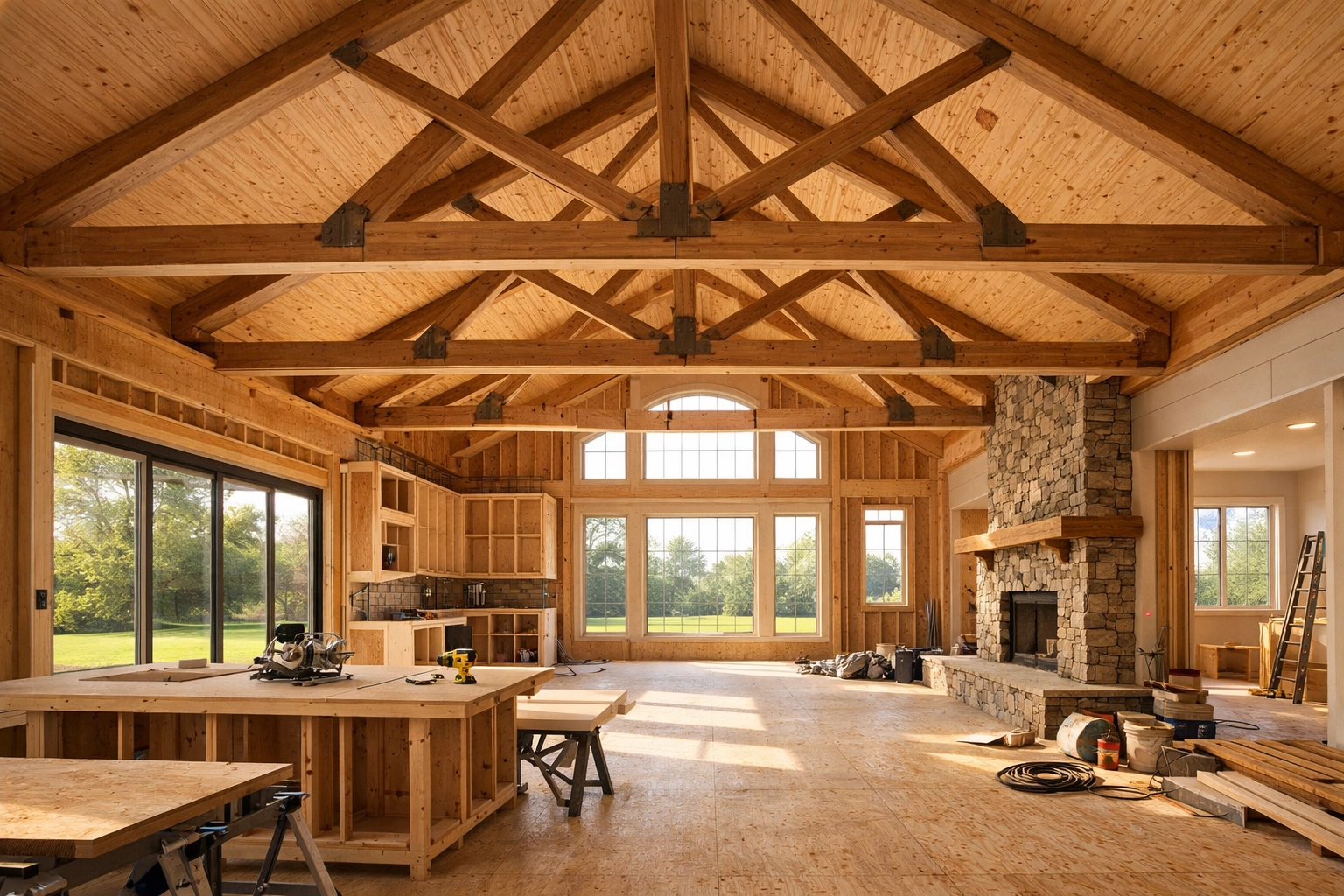 Open-concept home interior featuring high vaulted scissor roof trusses and a spacious design.