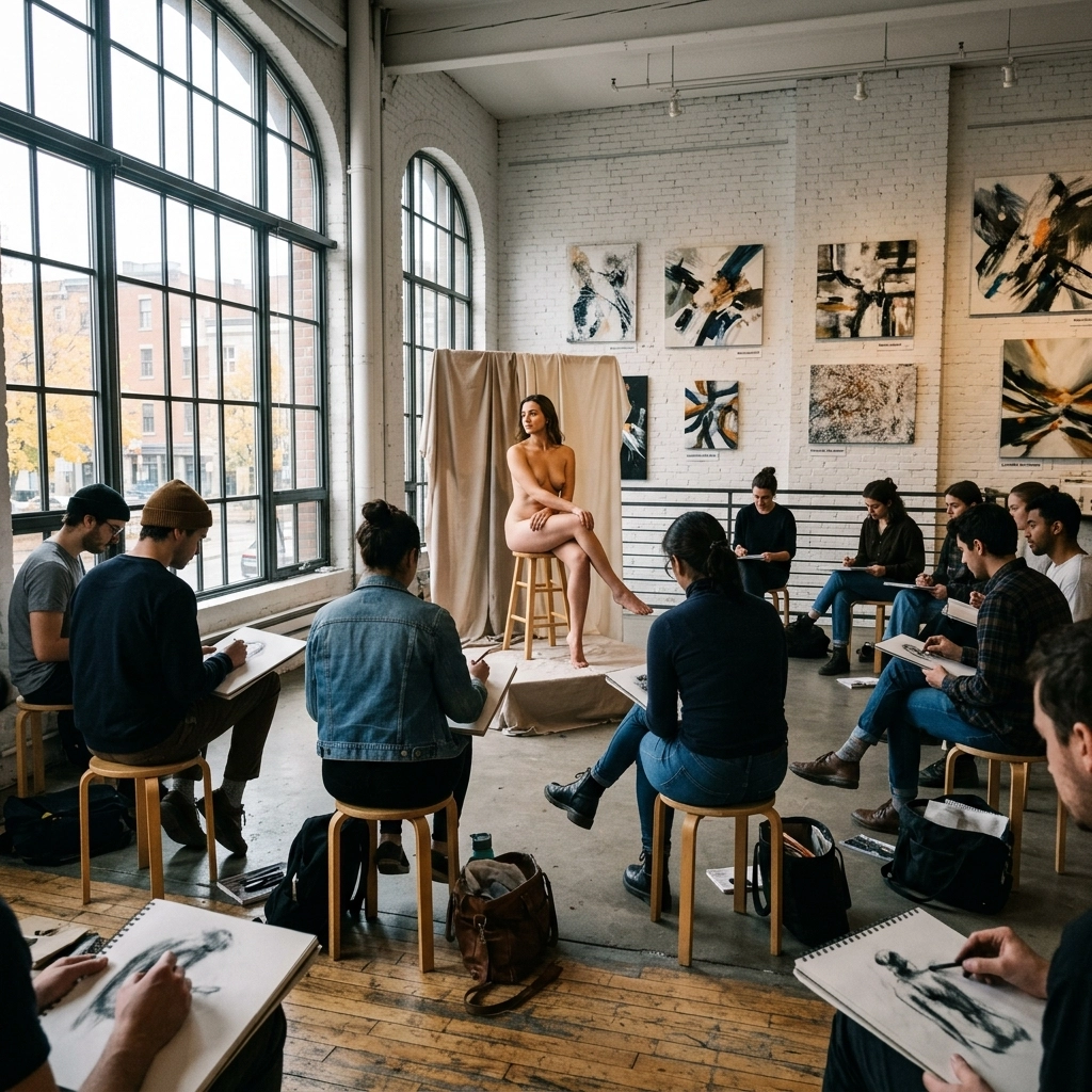 Artists participating in a live figure drawing session at a creative Montreal gallery.