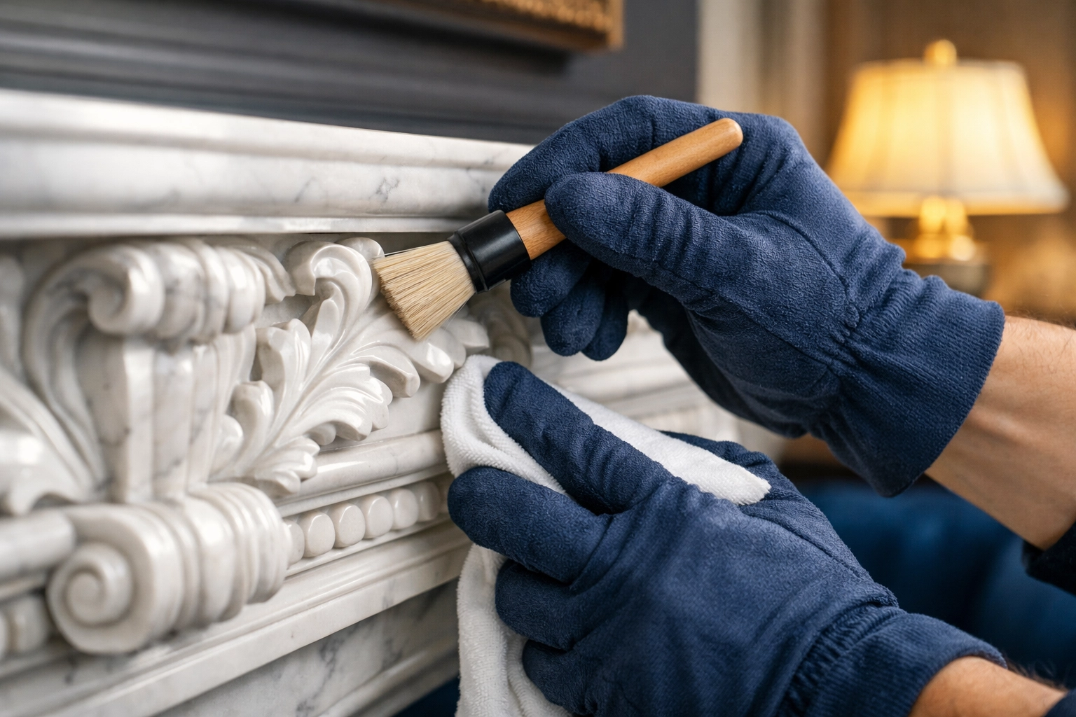 Detailing a historic marble fireplace during a luxury house cleaning Beacon Hill service.
