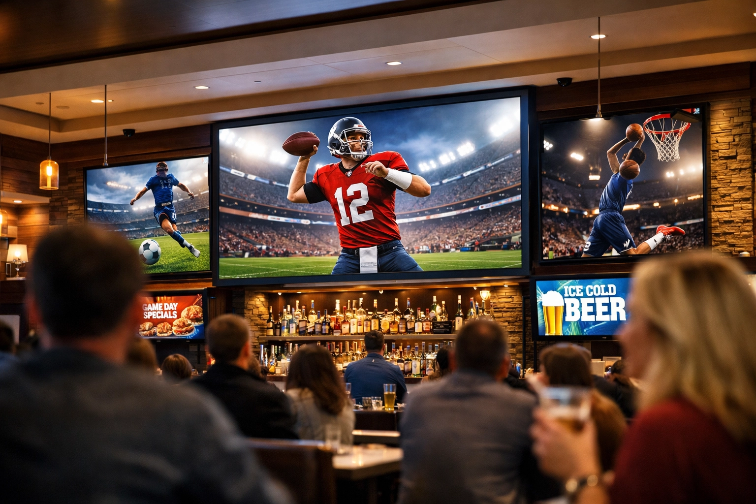 Digital advertising screens in an upscale sports bar showcasing OOH Sports network inventory for fans.