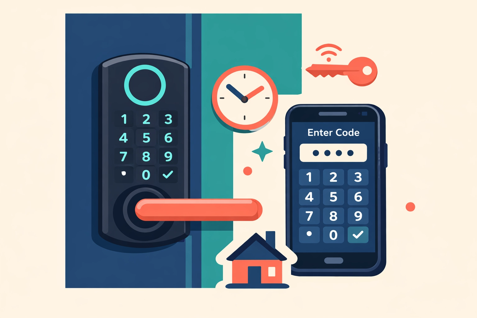 Smart lock with smartphone showing digital access code management for locksmith services
