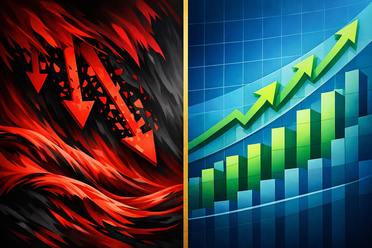 Visual contrast of market volatility transforming into portfolio stability through risk management