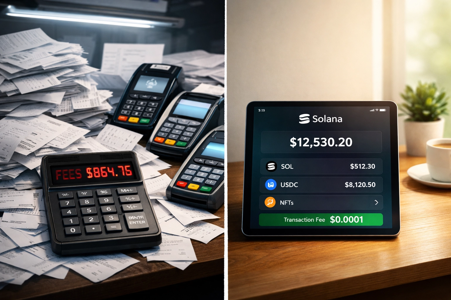 Cost comparison: traditional payment processors with high fees versus self-custody Solana wallet savings