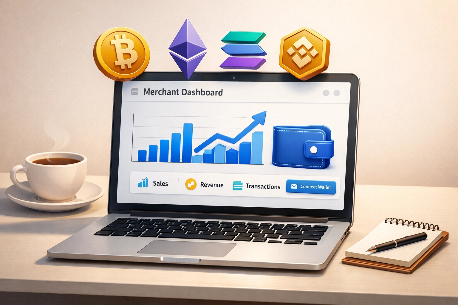 Larecoin merchant dashboard displaying cryptocurrency payment settings and wallet connections