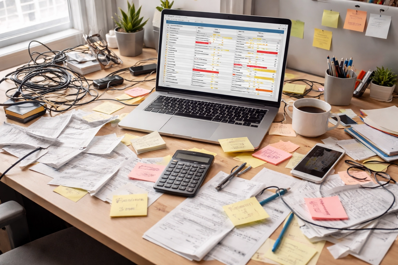 Messy office desk with tangled receipts and a confusing spreadsheet, illustrating bookkeeping chaos before automation.