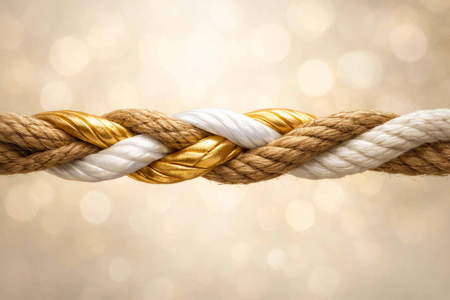 A three-fold cord of braided strands representing the strength of a God-centered marriage covenant.