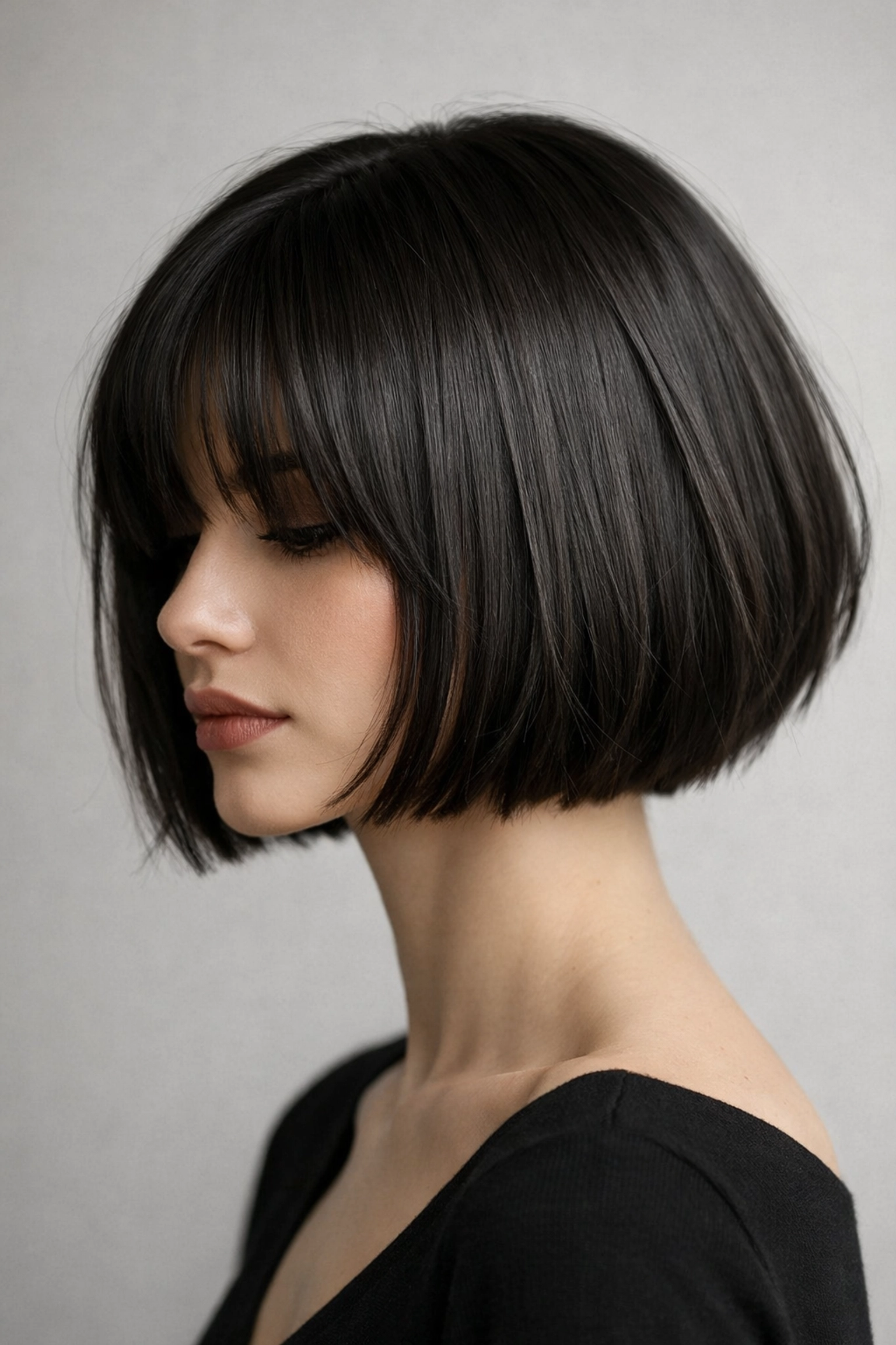 Sharp French bob haircut with curtain bangs, a modern style from The Color Lounge in Concord NH.