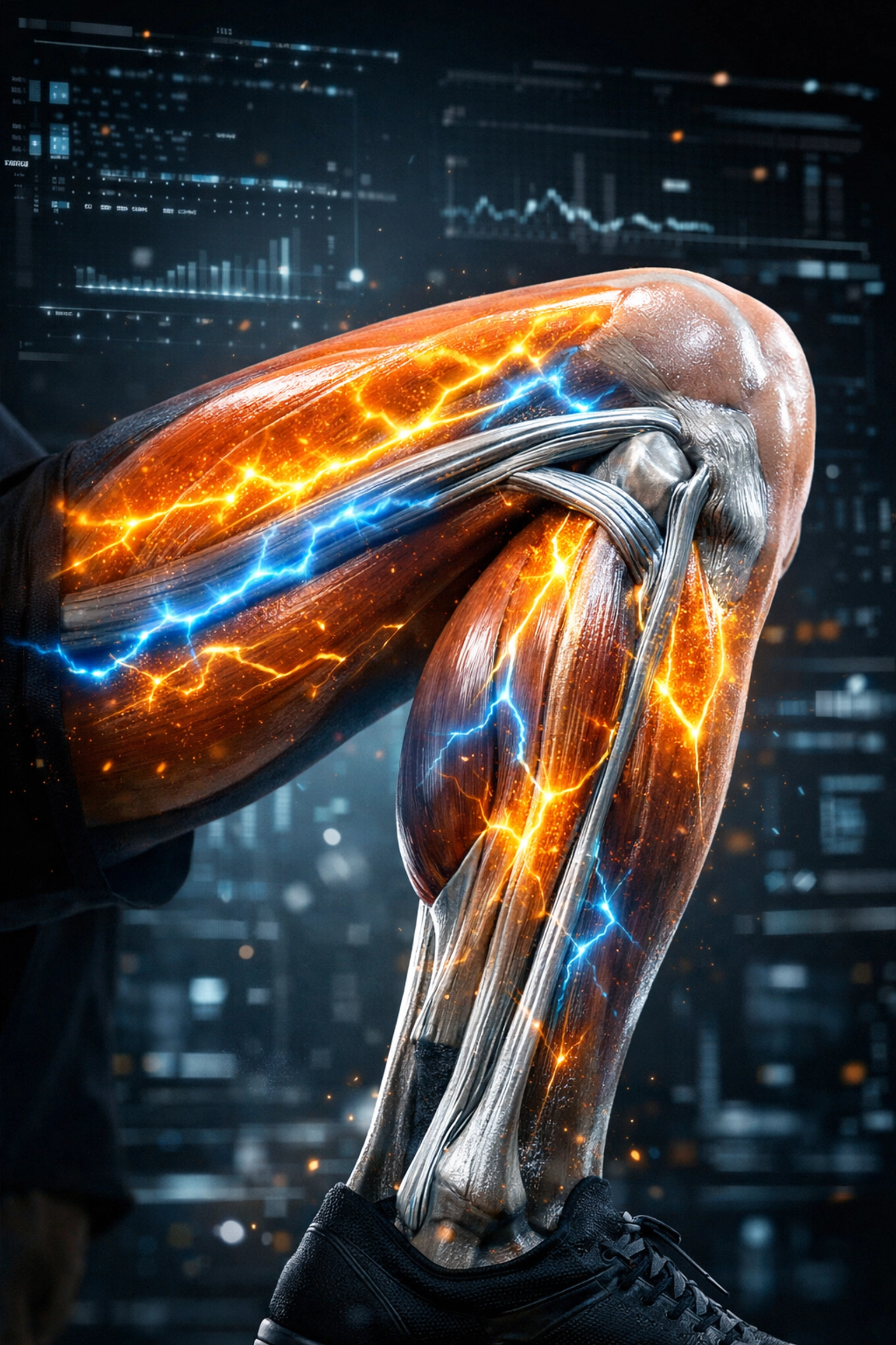 Anatomical view of muscle fibers and tendons during a static isometric hold for joint-safe hypertrophy.