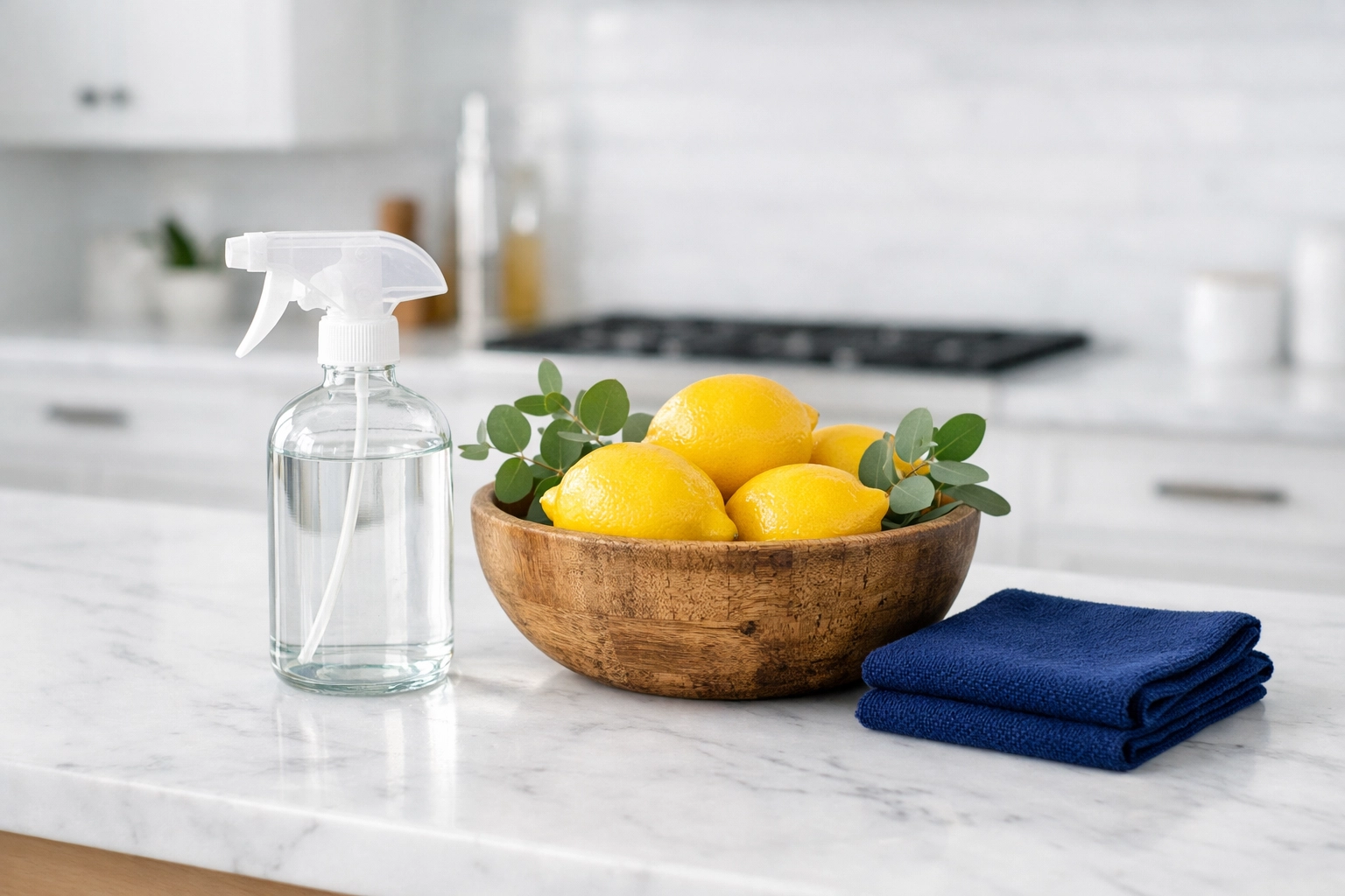 Natural cleaning ingredients like lemons and eucalyptus on a clean marble kitchen island.