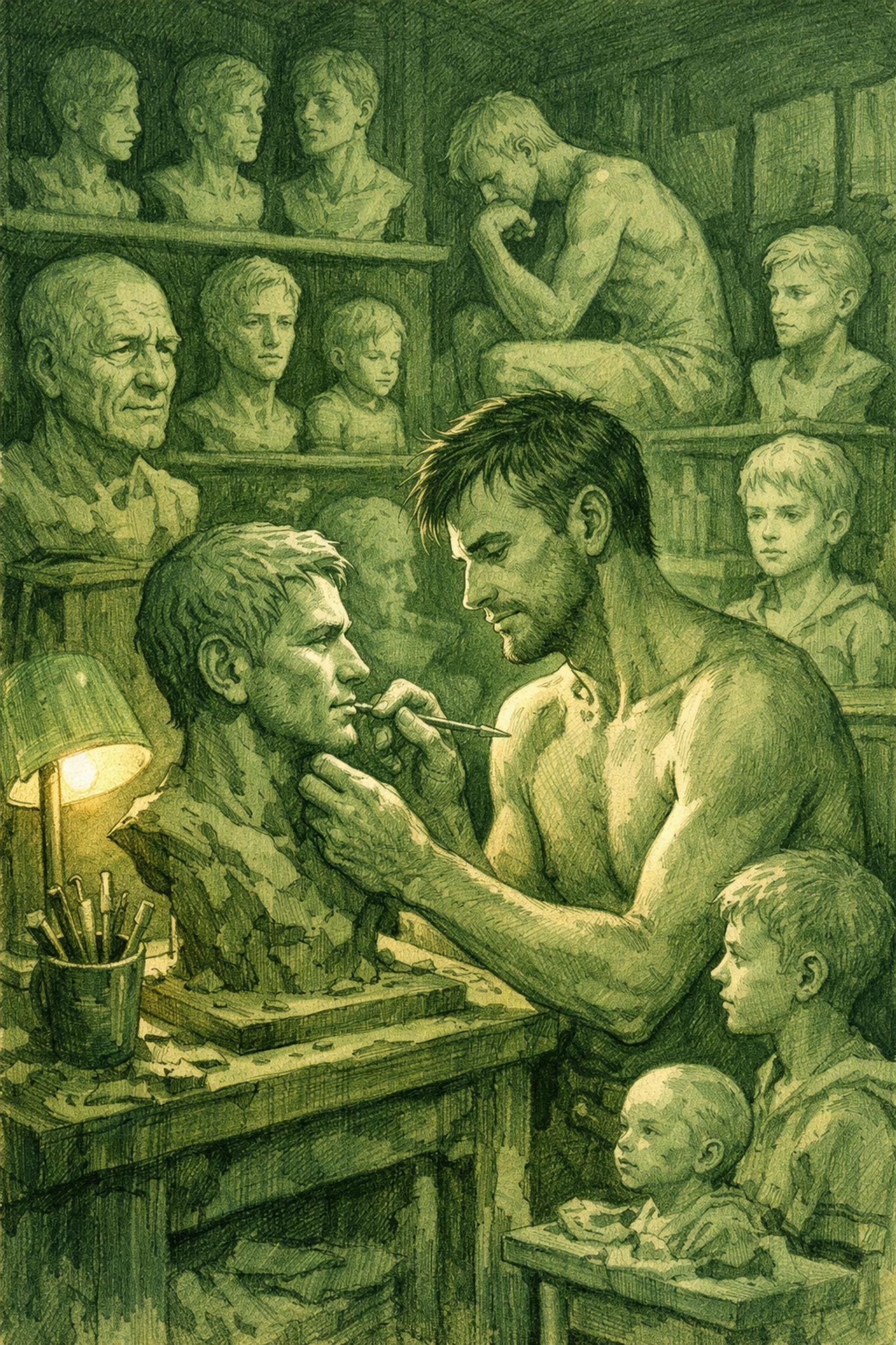 Gay sculptor working late at night surrounded by self-portrait sculptures at different life stages