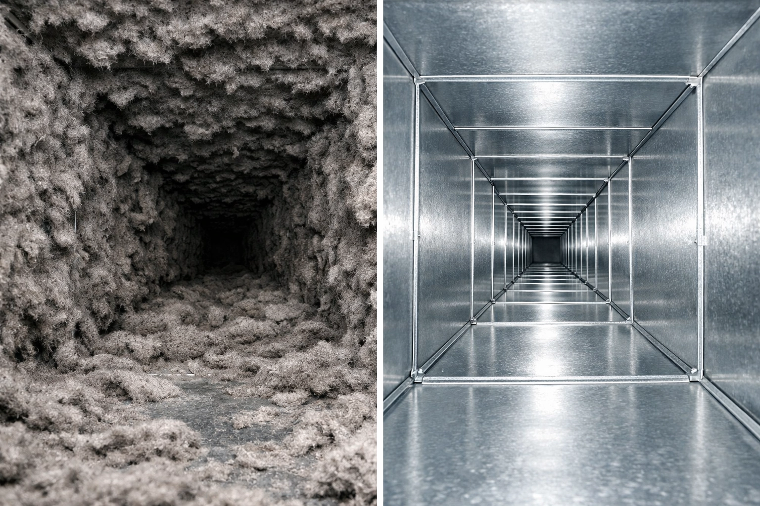 Side-by-side comparison of a dust-clogged air duct before and after professional HVAC duct cleaning.
