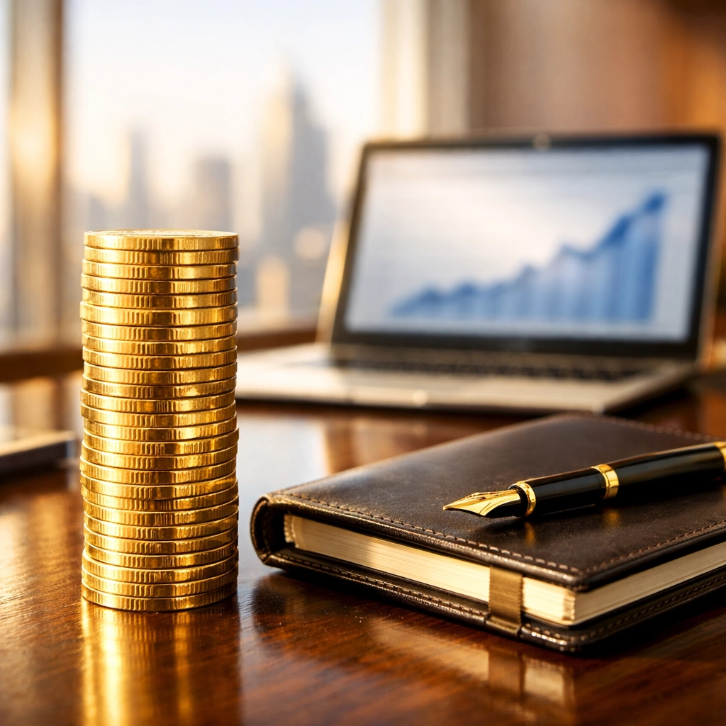 Gold coins on an executive desk representing profit and high-value outcomes from strategic PPC management.