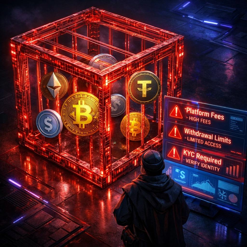 Cryptocurrency coins trapped by platform fees and withdrawal limits in centralized payment processors