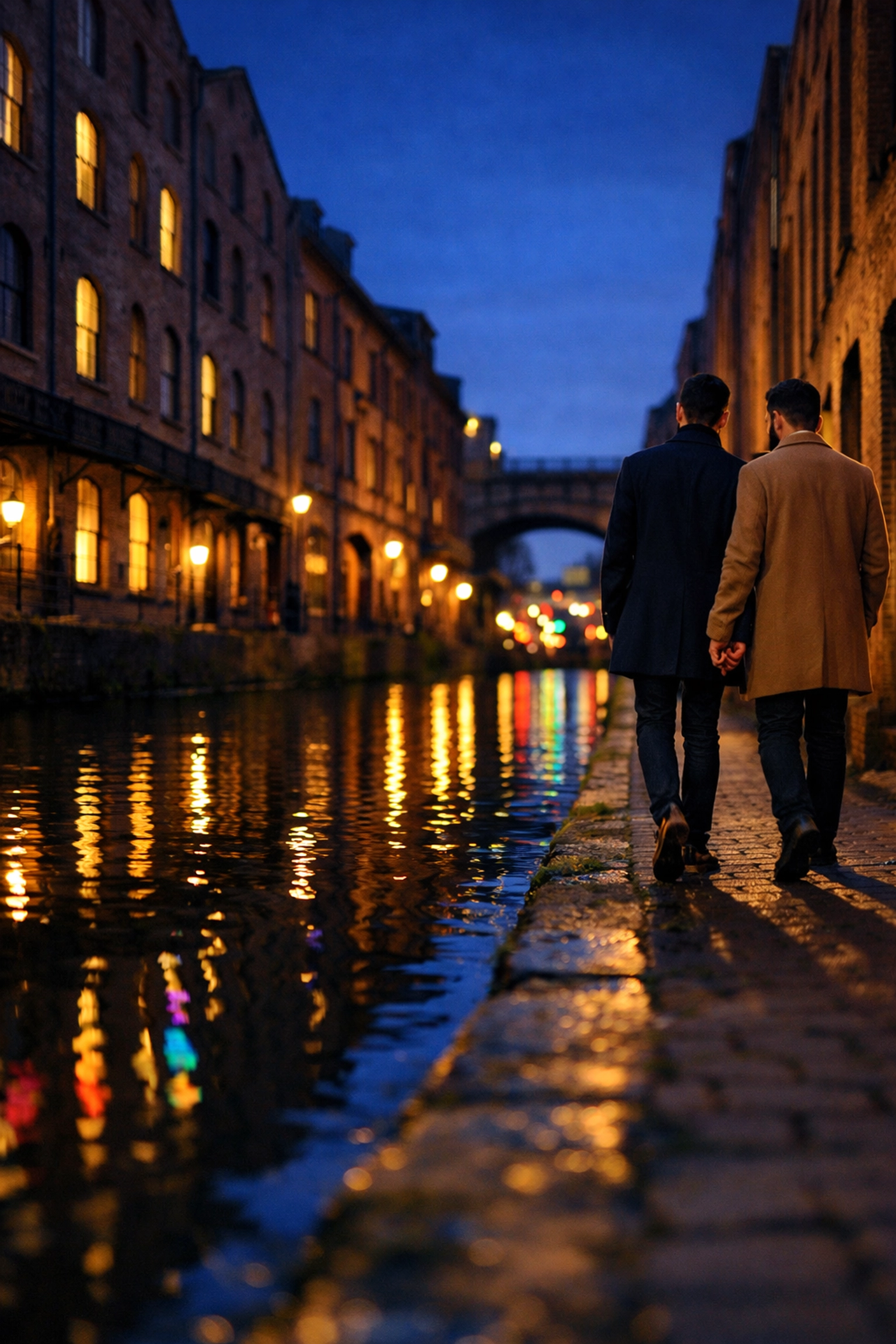 Gay couple walking past historic industrial warehouses along Manchester's Canal Street at twilight.